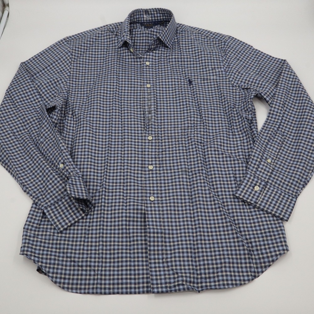 Polo Ralph Lauren Button Down Mens XXL Blue Gingham Slim Fit Spread Collar Shirt